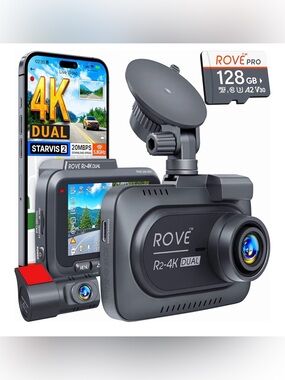 NIB ROVE R2-4K Dual Dash Cam w/ Rear Camera & 128GB Card